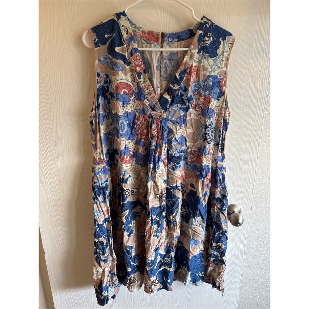Wear in Good Health Silk Dragon Print V-Neck L Sleeveless Zipper Tunic Dress